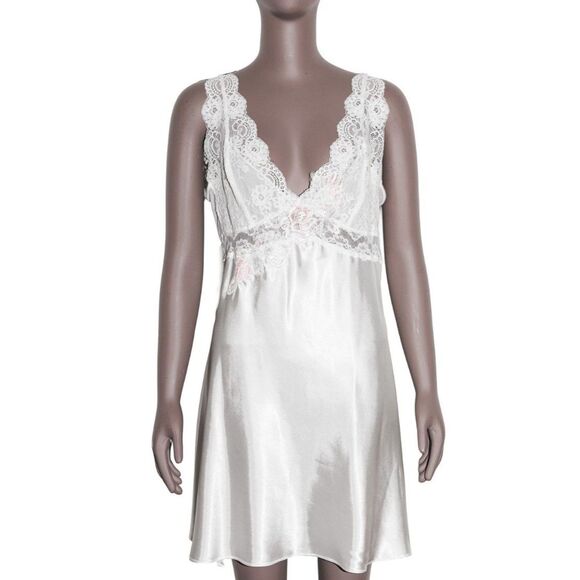 White Floral Lace Satin Slip Dress Womens Lingerie Nightgown Size L - Picture 1 of 4
